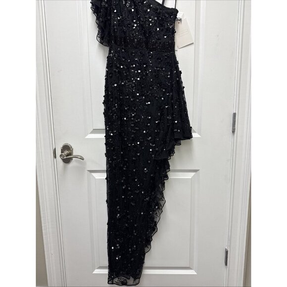 Mac Duggal Size 4 Black 93687 One Shoulder Beaded Asymmetrical Hem Gown Dress - Picture 6 of 12